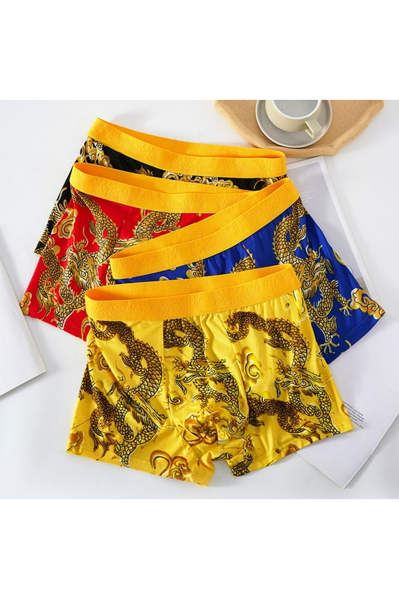Men Dragon Pattern Underwear Year of The Dragon Boxer Briefs Mid-rise Elastic Wide Waistband Shorts Panties Underpants