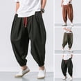 thumbnail image 1 of sunsanly Men Harem Pants Elastic Drawstring Waistband Solid Color Long Pants Chinese Style Side Pockets Retro Bloomers Streetwear, 1 of 7