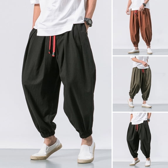 sunsanly Men Harem Pants Elastic Drawstring Waistband Solid Color Long Pants Chinese Style Side Pockets Retro Bloomers Streetwear