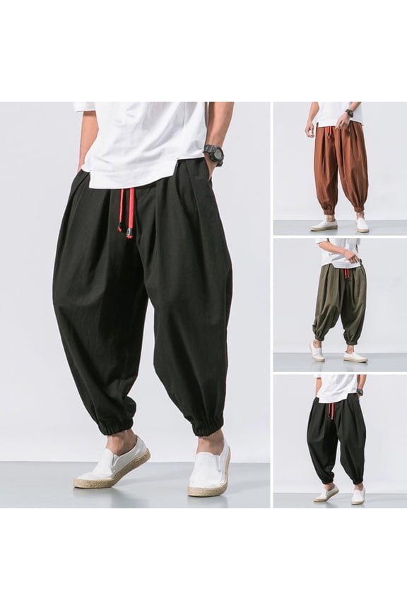 Men Harem Pants Elastic Drawstring Waistband Solid Color Long Pants Chinese Style Side Pockets Retro Bloomers Streetwear