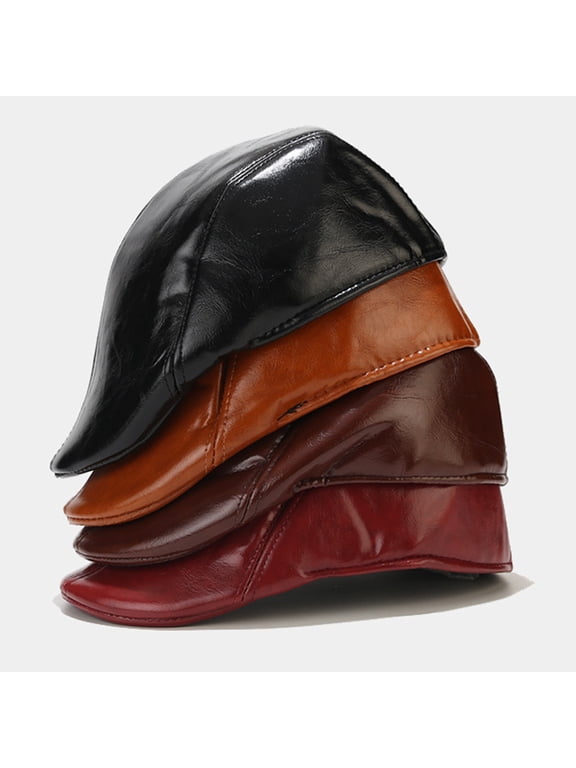 Men Hat Vintage Style Solid Color Smooth Faux Leather Advanced Hat Mid-aged Men Beret Cold Weather Hiking Traveling Cap English Newsboy Cap