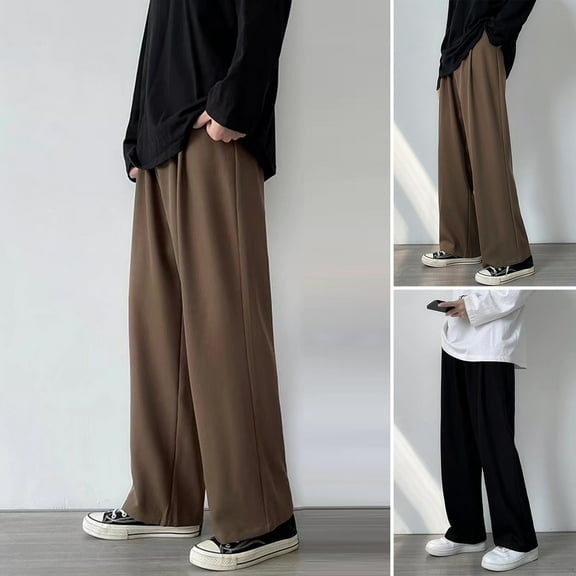 sunsanly Men Pants Loose Straight Wide Leg Solid Color Elastic Waist Match Top Breathable Mid Waist Men Trousers Men Clothes
