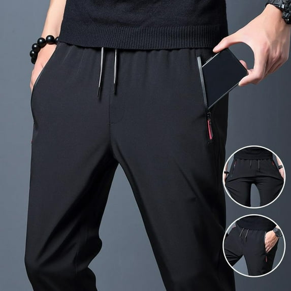 sunsanly Men Sport Pants Ice Silk Quick-drying Slim Fit Side Zippered Pockets Plus Size Drawstring Elastic Waist Solid Color Gym Traning Jogging Sweatpants Long Trousers