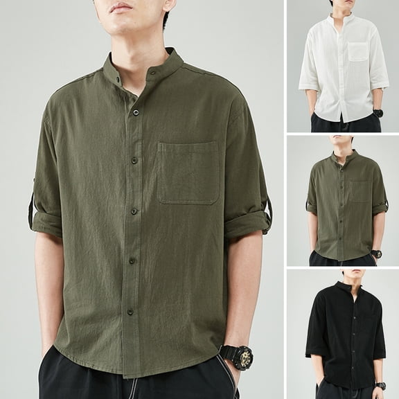 sunsanly Men Spring Summer Shirt Stand Collar Three Quarter Sleeves Single-breasted Cardigan Loose Match Pants Casual Patch Pocket Men Summer Top Men Clothes