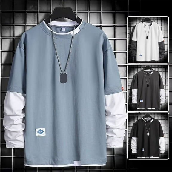 sunsanly Men Spring T-shirt Fake Two-piece Round Neck Long Sleeves Loose Pullover Keep Warm Contrast Color Friendly to Skin Men Top Men Clothes