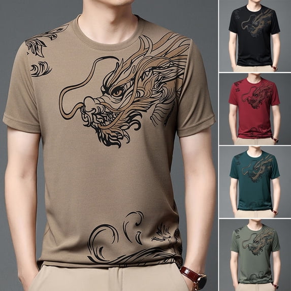 sunsanly Men Summer Fitness T-shirt Dragon Print Seamless O Neck Short Sleeves Loose Thin Stretchy Soft Breathable Quick-drying Pullover Casual Gym Sport Top