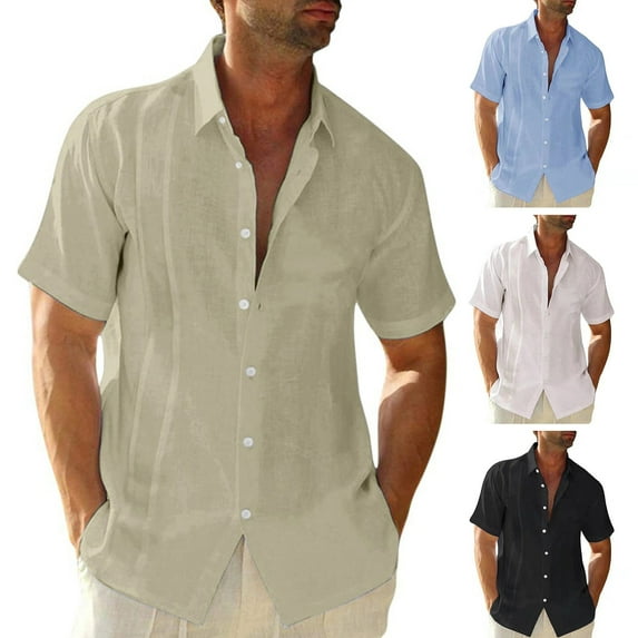 sunsanly Men Summer Shirt Solid Color Turn-down Collar Single-breasted Loose Short Sleeves Match Pants Breathable Mid Length Summer Top Men Clothing