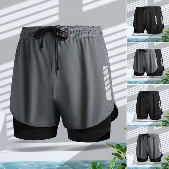 sunsanly Men Swim Shorts Slim Fit Double Layers Quick Dry Conservative Breathable Swimming Drawstring Elastic Waist Swimming Trunks Water Sports Jogging Shorts