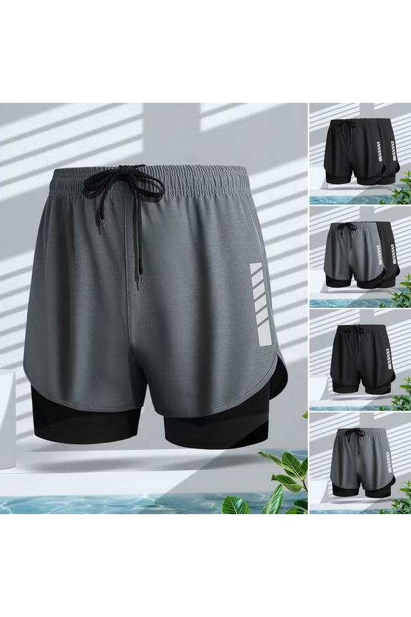 Men Swim Shorts Slim Fit Double Layers Quick Dry Conservative Breathable Swimming Drawstring Elastic Waist Swimming Trunks Water Sports Jogging Shorts
