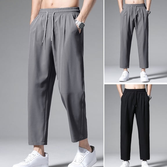sunsanly Men's Casual Ankle-Length Pants Solid Color Straight Wide-Leg Trousers Elastic Waist Ice Silk Breathable Quick-Dry Baggy Cargo Streetwear with Pockets for Daily Wear