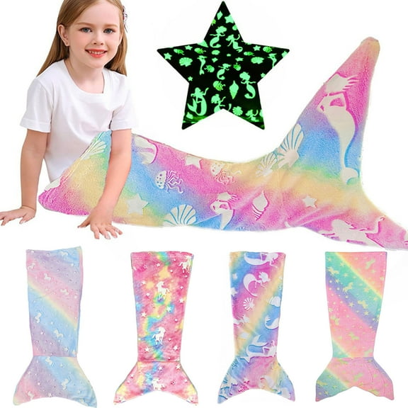 sunsanly Mermaid Tail Blanket Wear Resistant Friendly to Skin Breathable Luminous Design Plush Flannel Fleece Blanket Toddler Mermaid Toy