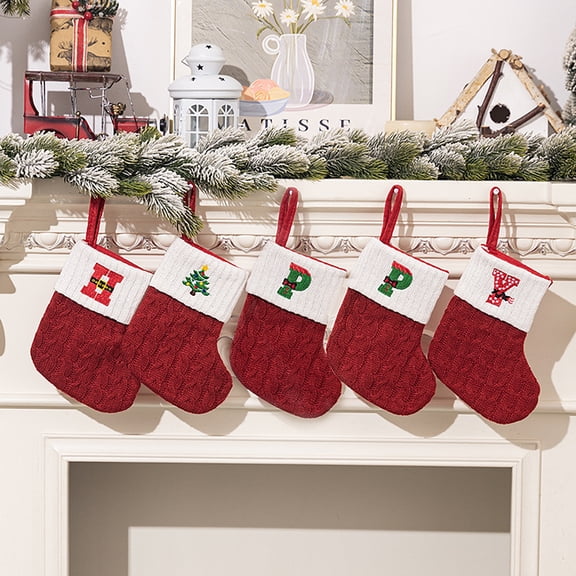 sunsanly Mini Initial Christmas Stocking Embroidered Letter Knitted Christmas Stockings Festival Hanging Ornament for Home Christmas Decor