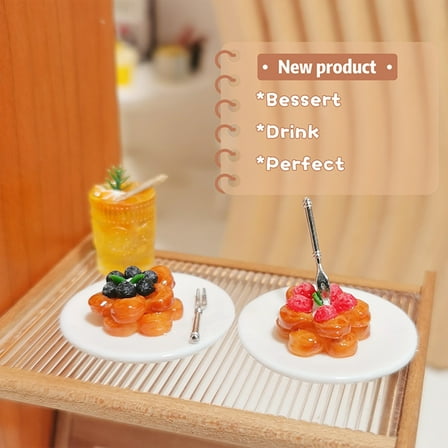 sunsanly Miniature Dollhouse Fruit Desserts Set Resin Strawberry Blueberry Food Ornaments with Fork Dish Kitchen Decor Mini Food Model for Doll House Kids Play House Games Decoration