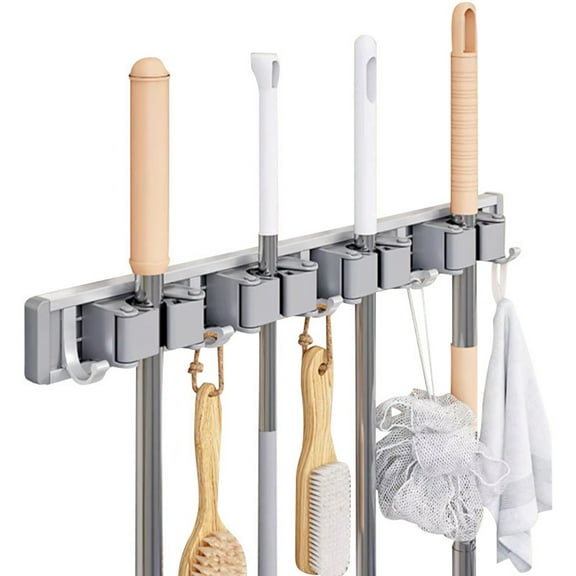 sunsanly Mop And Broom Organizer with 5 Hooks Wall Mounted Punch-free Waterproof Anti-skid Roller Design Strong Load Bearing Bathroom Kitchen Mop Holder Rack