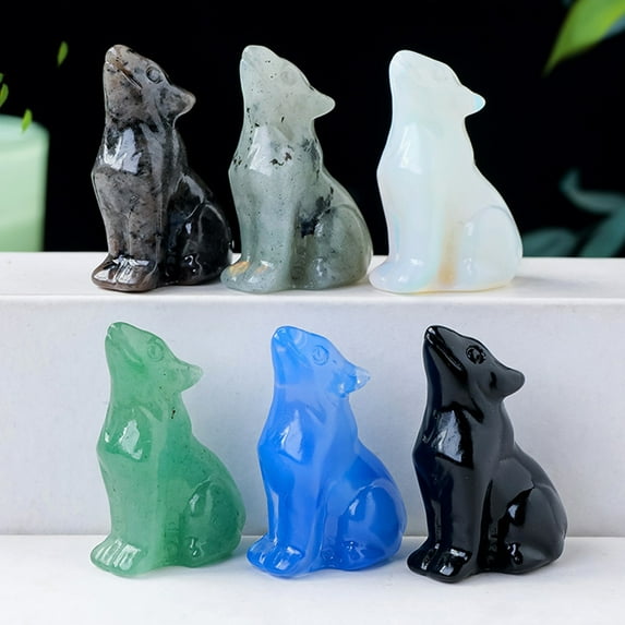 sunsanly Natural Stone Sitting Wolf Figurine Positive Healing Energy Hand-carved Colorful Faux Crystal Animal Statue Desktop Decoration Ornament