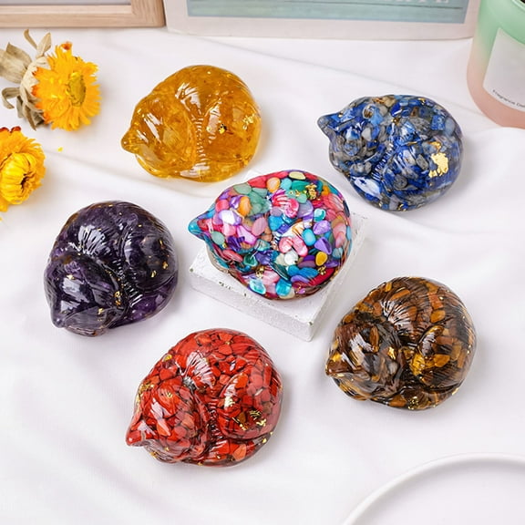 sunsanly Natural Stone Sleeping Cat Figurine Positive Healing Energy Colorful Hand-carved Faux Crystal Kitten Animal Statue Desktop Decoration Ornament