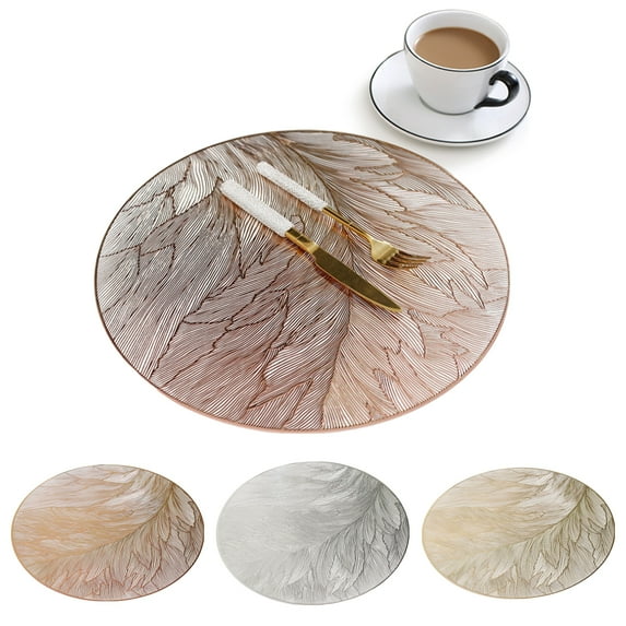 sunsanly Placemats PVC Table Mat Heat Resistant Round Dining Pad Feather Texture Protective Anti-Scalding Wear-Resistant Kitchen Accessories for Home Bar Dining Room