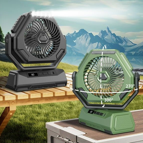 sunsanly Portable Fan Strong Airflow Quiet 300° Rotation Rechargeable Battery Operated Tent Fan with LED Light Hooks for Camping Picnic