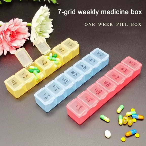 sunsanly Portable Pill Box Day Print 7 Independent Grids Dustproof Moisture-proof Transparent Lid Outdoor Travel Business Trip Pill Organizer Medicine Case Tablet Holder
