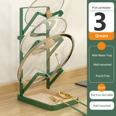 sunsanly Pot Lid Holder with Water Tray Wall-mounted Punch Free Kitchen Pot Storage Rack Spatula Spoon Pan Daily Use