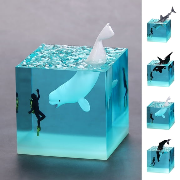 sunsanly Sea Animal Cube Figurine Glow-in-the-dark Whale Shark Resin Statue Sculpture Home Office Desktop Bookshelf Decoration Ornament Festival Gift