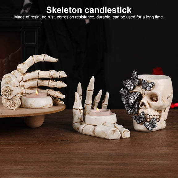 sunsanly Skull Candle Holder Resin Skeleton Hand Candlestick Gothic Style Tealight Cup Halloween Decorations for Bedroom Living Room Dining Table