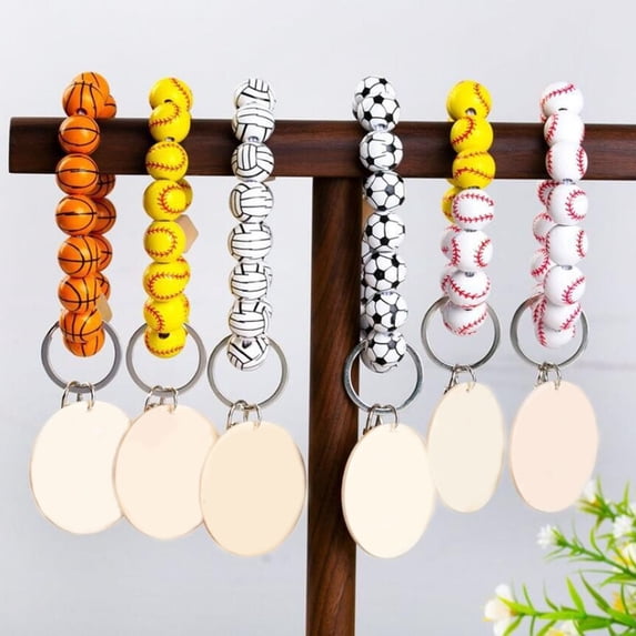 sunsanly Sports Ball Wood Bead Bracelet Keychain with Round Plate Baseball Rugby Football Basketball Charm Men Women Beaded Bangle Christmas Gift