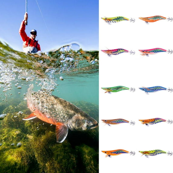 sunsanly Squid Hook Bait Sharp Hook Simulation Design Luminous Angling Wooden Shrimp Luminated Squid Bait Outdoor Fishing