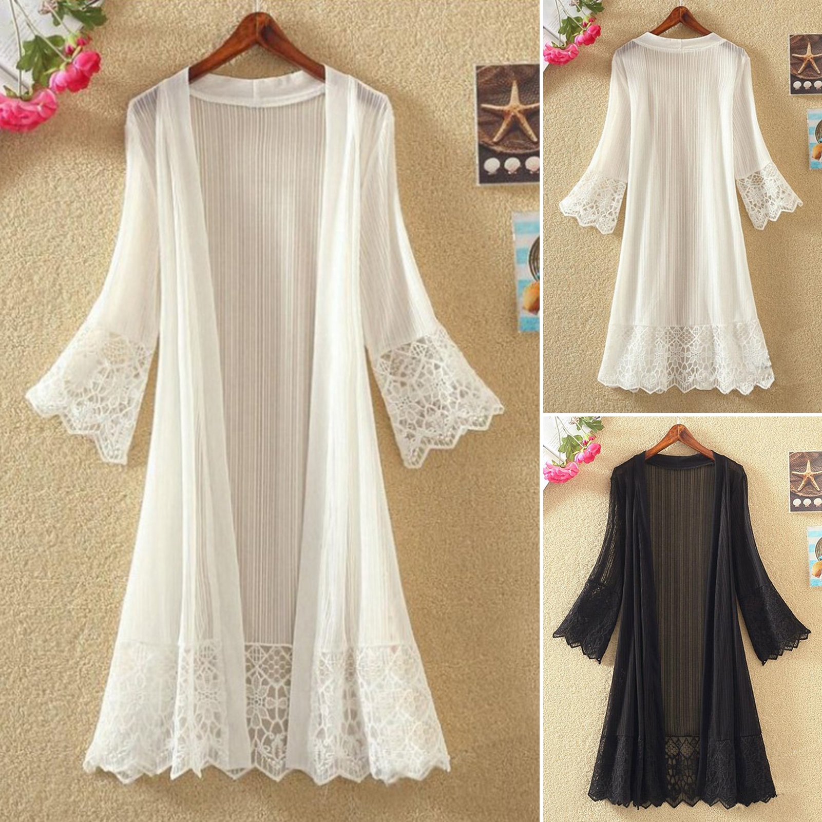 sunsanly Summer Cardigan Mid Long See-through Lace Open Front Sheer Sun ...