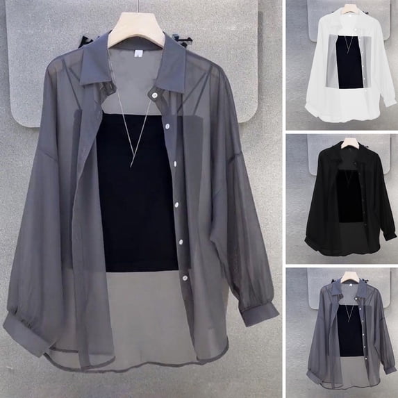 sunsanly Summer Chiffon Shirt Lapel Long Sleeve Single Breasted Shirt Coat Solid Color Thin Sun Protection Clothing Women Shirt Tops