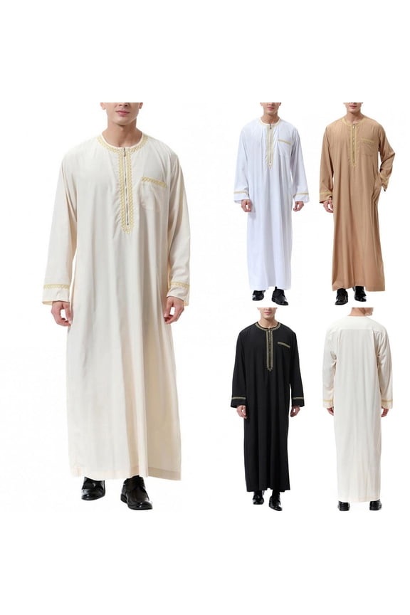Summer Men Robe Retro Round Neck Half Zipper Long Sleeves Loose Malaysia Middle East Arabian Dubai Traditional Maxi Robe Long Top