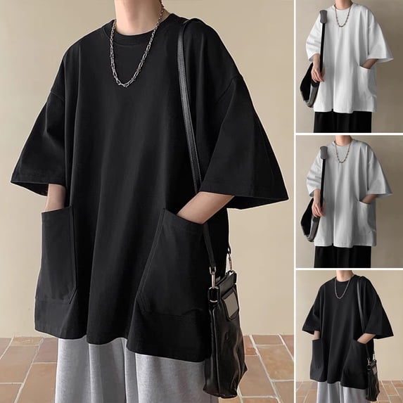 sunsanly Summer Men T-shirt Round Neck Loose Mid Length Solid Color Plus Size Pockets Half Sleeves Streetwear Outdoor Top