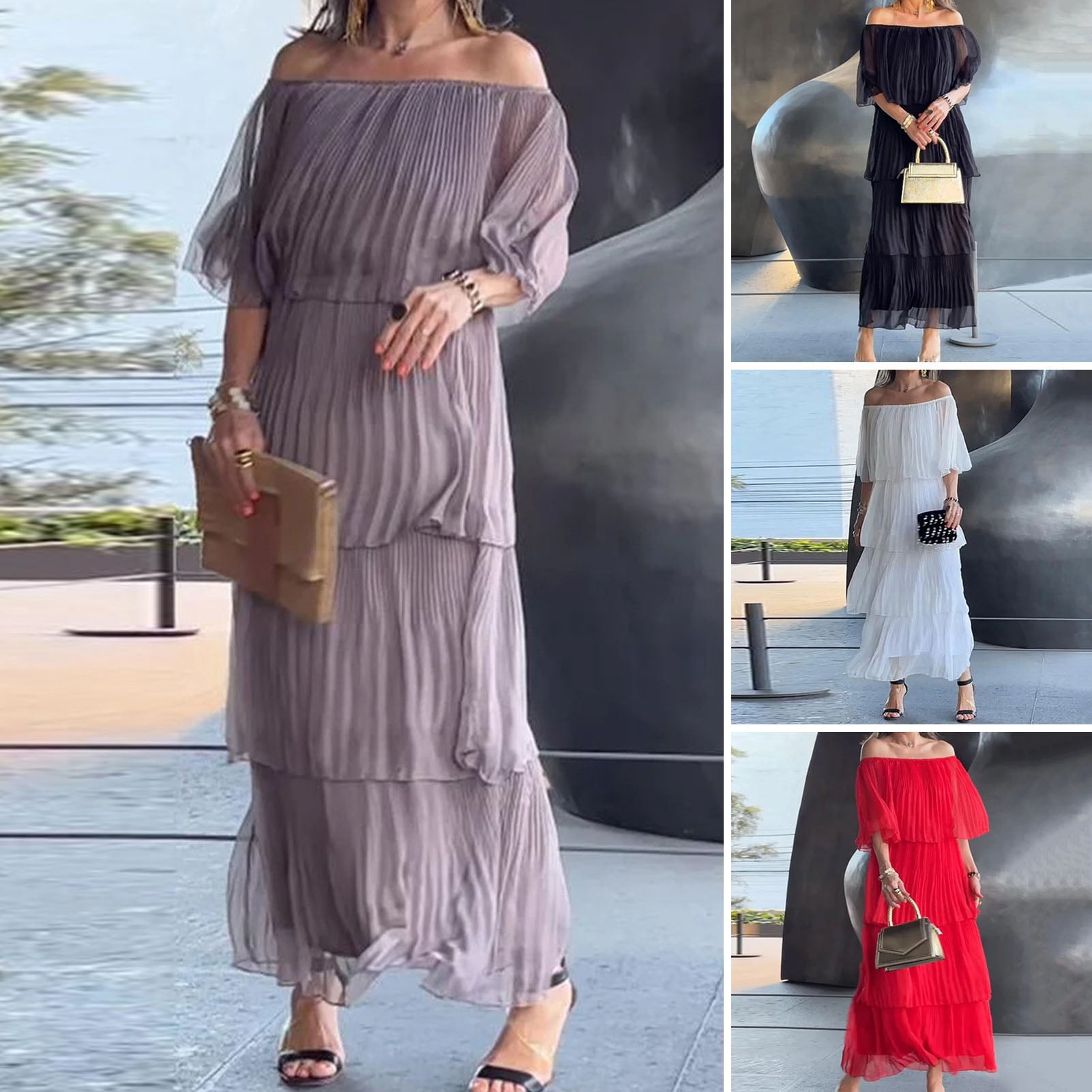 Multilayer Ruffle Gown sunsanly Summer Women Dress Off Shoulder Multi-layer Scattered Cake Hem ...