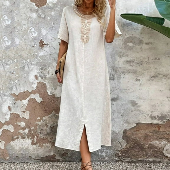 sunsanly Summer Women Dress Short Sleeves Split Hem O Neck Loose Retro Bohemian Straight Casual Breathable Casual Vacation Midi Dress