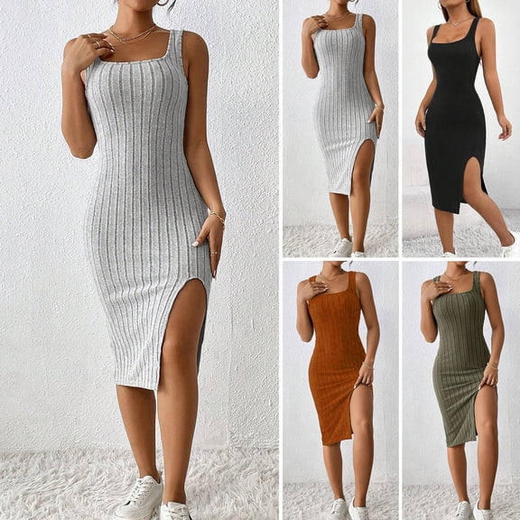 sunsanly Summer Women Dress Square Neck Sleeveless Skinny Elastic Side Split Sheath Thread Solid Color OL Commute Breathable Club Party Midi Dress
