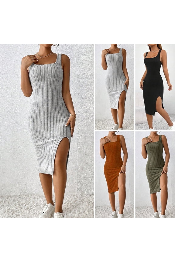 Summer Women Dress Square Neck Sleeveless Skinny Elastic Side Split Sheath Thread Solid Color OL Commute Breathable Club Party Midi Dress