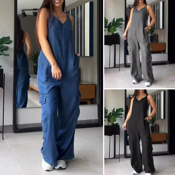 sunsanly Summer Women Jumpsuit Sleeveless Loose Wide Leg Multi Pockets V Neck Casual Deep Crotch Soft Casual Daily Commute Travel Long Jumpsuit