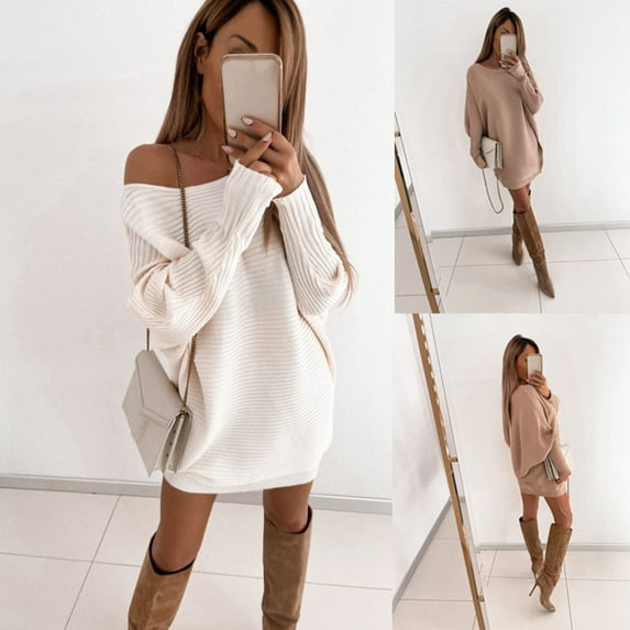 sunsanly Sweater Dress Long Sleeves Loose Pullover Knitted Elastic Keep Warm Soft Diagonal Neck Winter Mini Dress Female Clothes