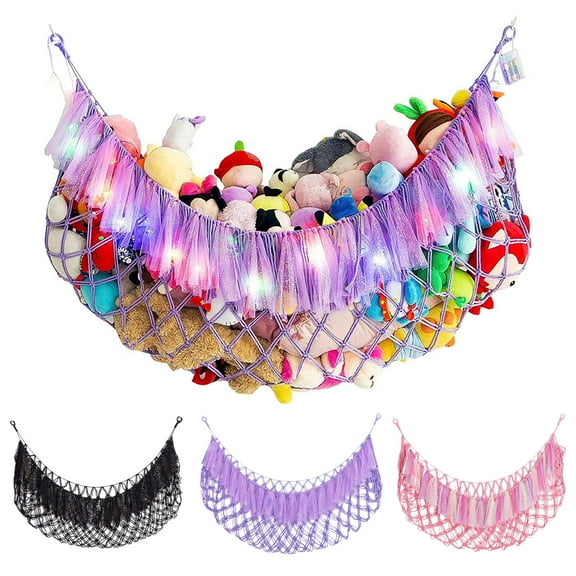 sunsanly Toy Net Bag with String Light Tassels Design Large Capacity Wall-Mounted Plush Toy Hammock Storage Net Playroom Plush Toy Holder