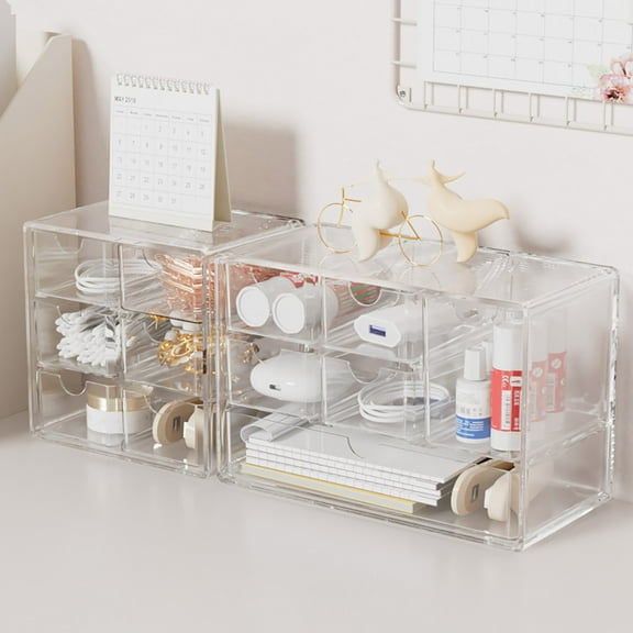 sunsanly Transparent Storage Box 3 Tiers 6 Compartments Jewelry Cosmetic Classification Storage Pull-out Drawers Stackable Dustproof Bedroom Desktop Organizer