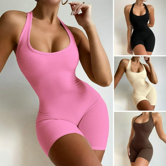 sunsanly U-Neck Sleeveless Racer Back Ribbed Yoga Jumpsuit Solid Color High Elastic Bodycon Jumpsuit Activity Streetwear