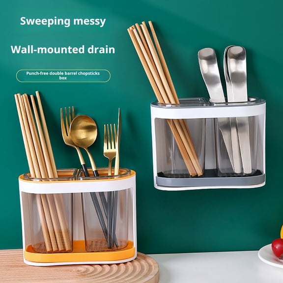 sunsanly Utensil Holder Cutlery Drainer Two-compartments Transparent Wall Mounted Chopsticks Holder Spoon Fork Drain Storage Rack Organizer