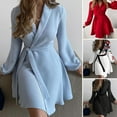 thumbnail image 1 of sunsanly V-Neck Puff Long Sleeve Solid Color Floral Print Women Dress Autumn Lapel Waist Lace-up Office Dress Streetwear, 1 of 8