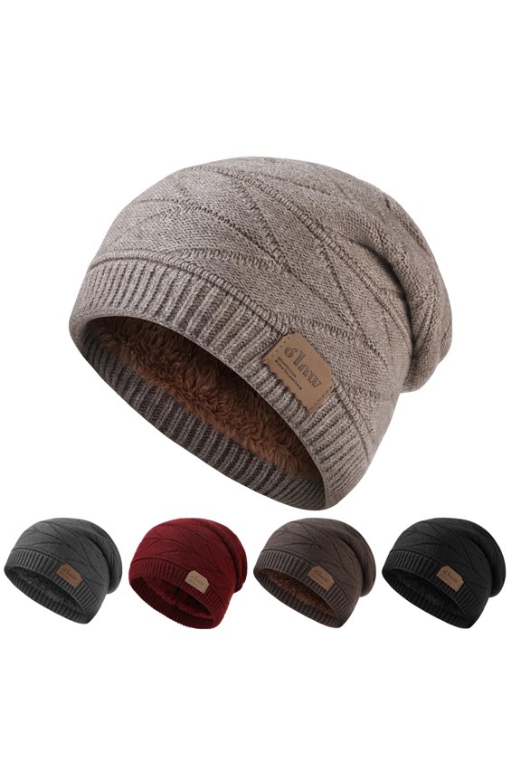Winter Men Hat Knitted Stretchy Piled Hat Thick Plush Lining Solid Color Ear Protection Warm Daily Wear Cap Outdoor Skiing Skating Headwear