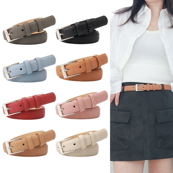 sunsanly Women Belt Faux Leather Adjustable Holes Solid Color Thin Belt with Alloy Pin Buckle Casual Jeans Belt Costume Accessories