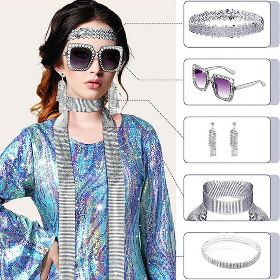 sunsanly Women Costume Accessories Sequin Jewelry Set Earrings Glasses Headband Bracelet Disco Party Outfits 1970s Prom Bling Decor