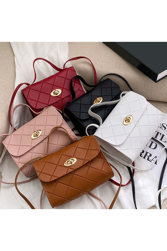 Women Handbag Rhombic Pattern Textured Long Strap Portable Korean Style Gifts Faux Leather Solid Color Ladies Crossbody Wallet Tote Bag Daily Use