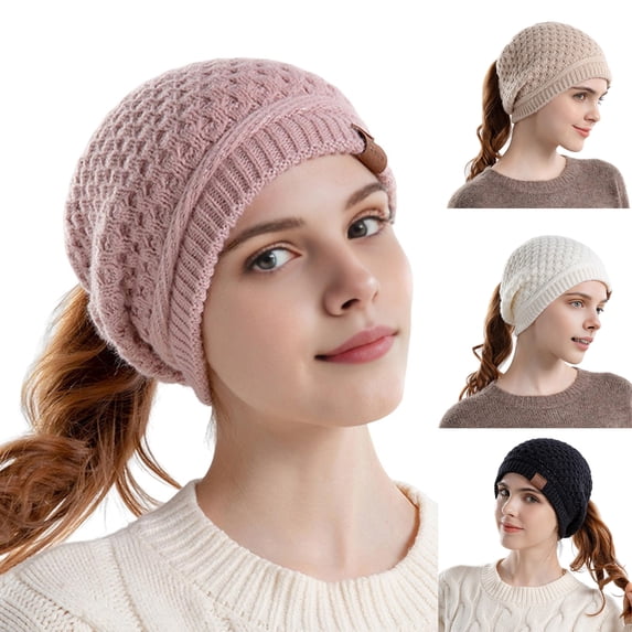 sunsanly Women Hat Knitted Thick with Ponytail Hole Solid Color Keep Warm Beanie Elastic Ear Protection Outdoor Camping Travel Skating Headwear