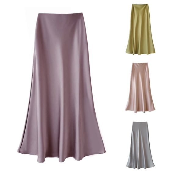 sunsanly Women High Waist Midi Skirt Smooth Satin A-Line Fishtail Skirt Hip Wrapped Solid Color Large Hem Skirt Workwear