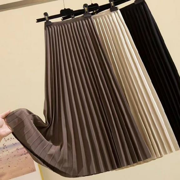 sunsanly Women Maxi Skirt Elastic High Waist A-Line Long Skirt Solid Color Large Hem Pleated Skirt Work Leisure Skirt Workwear